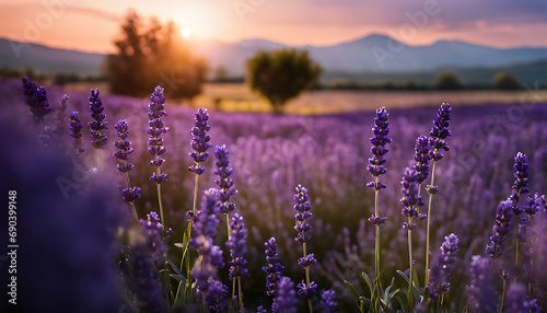 A field of purple lavender flowers is arranged neatly  with some in the foreground and more in the background  envisioning the scent of the lush floral landscape.