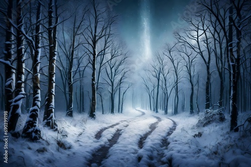 A remote, snow-covered forest in the twilight, with a path leading into the mysterious woods
