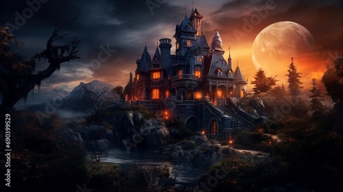 Fantastic scary mansion at mystical sunset