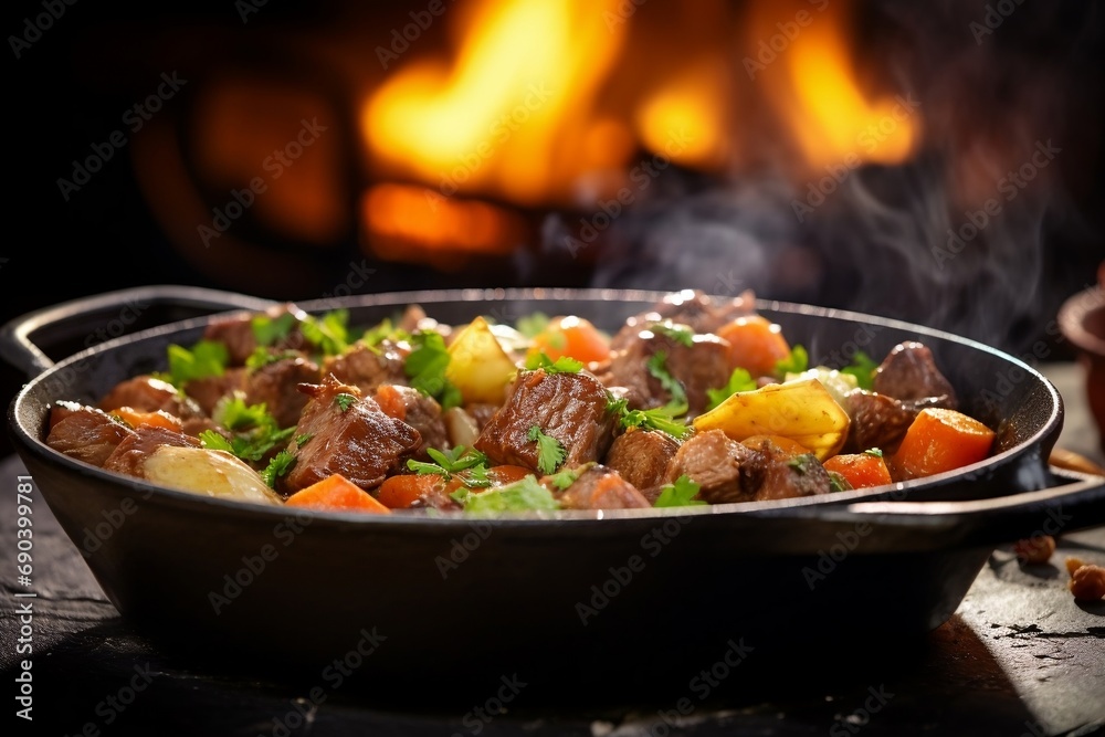 Tender chunks of meat with carrots and potatoes, close-up in a cast iron pot, steam rising from a hearty beef stew Tender chunks of meat with carrots and potatoes, close-up in a cast iron pot, steam rising from a hearty beef stew