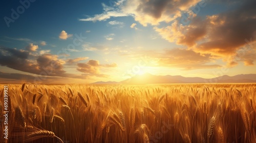 Golden wheat field under drmatic sky in a beautiful ligh