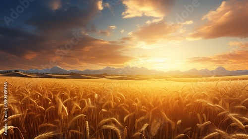Golden wheat field under drmatic sky in a beautiful ligh
