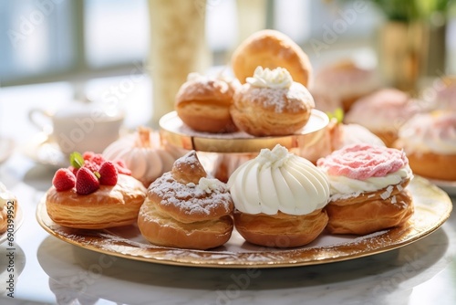 French pastries with assortment of éclairs and cream puffs