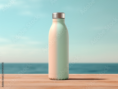 Model of empty thermos container for hot drinks  sample of blank eco-friendly steel bottle for travel and work  mockup of flask for product advertising. template isolated on sea and sky background © Andrea Marongiu