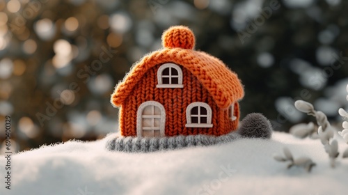 House in the snow. Beanie on model house. Preparing for winter