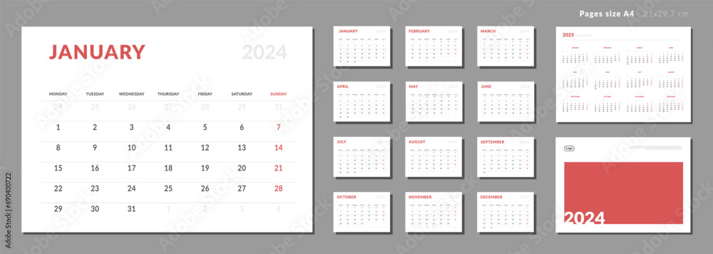 Set of Monthly page Calendar Planner Template 2024, cover with Place for Photo and Company Logo and annual calendar of 2025. Isolated Vector layout of a wall or desk calendar with week start Monday Set of Monthly page Calendar Planner Template 2024, cover with Place for Photo and Company Logo and annual calendar of 2025. Isolated Vector layout of a wall or desk calendar with week start Monday