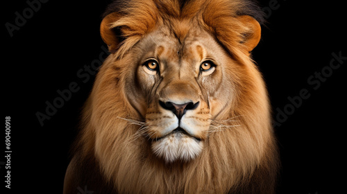 Portrait of a Male adult lion looking at the camera, Panthera leo, isolated on dark. generative ai