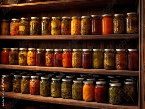 jars with jam compote and pickles on wooden shelves, food background. 