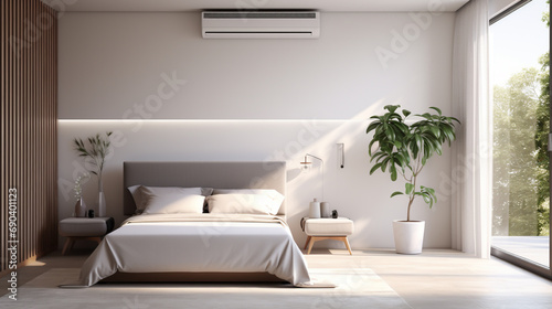 interior of a daylit room with a double bed and air conditioning, decorated with plants photo