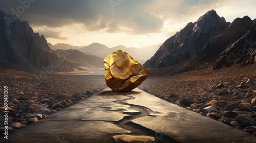 golden lodestone next to a mountain road, 16:9