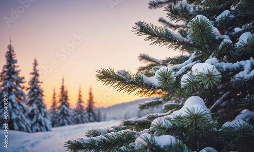 snow-covered landscape with pine trees at sunset. Picturesque wi