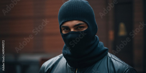 masked young man in black jacket, intense and mysterious. Urban