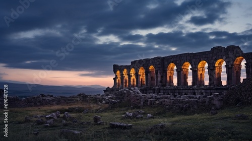 mystique of the Volubilis Ruins through a twilight shot emphasizing the ancient structures against a dusky sky