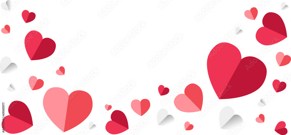 Red, pink and white flying hearts isolated on transparent background. Vector illustration. Paper cut decorations for Valentine's day border or frame design,