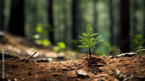 small tree as the focus, isolated from other trees in the forest, photograph, high quality, copy space, 16:9 photo