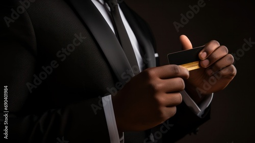 Black business man pulling a premium credit card from his pocket to make a cashless payment. Professional man wearing black clothing using the benefits on his exclusive banking account