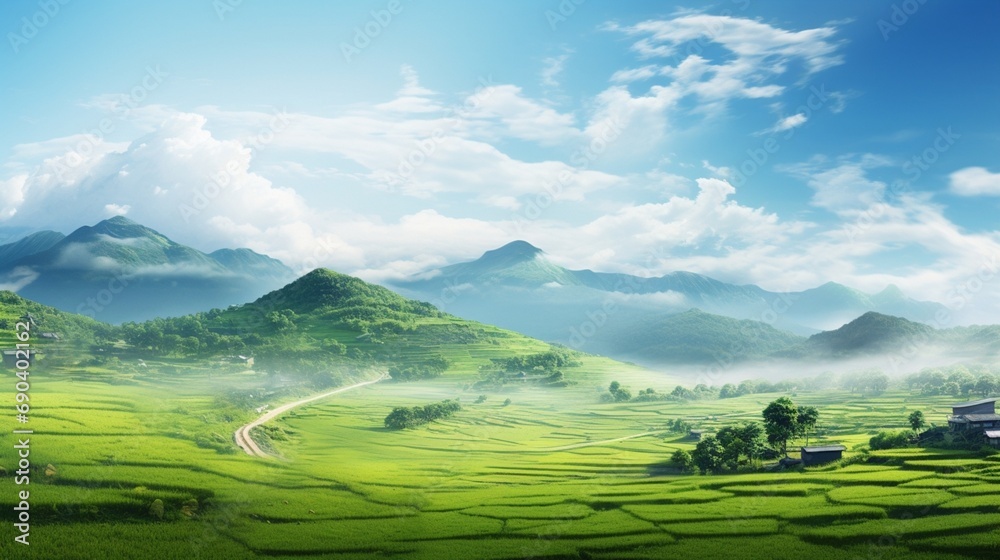 Panoramic view nature Landscape of a green field with rice