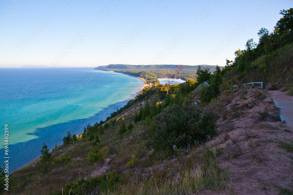Serene Afternoon on Michigan Coastal Trail with Turquoise Sea View