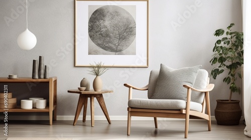Patterned wooden armchair next to table in grey flat interior with poster above couch photo