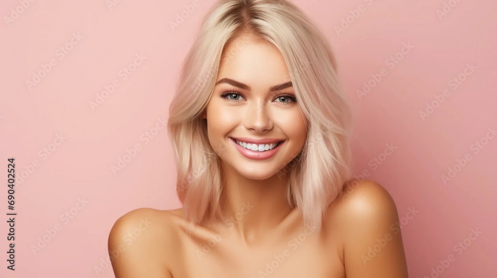 Happy blonde on pink background, young woman with beautiful hair, healthy complexion