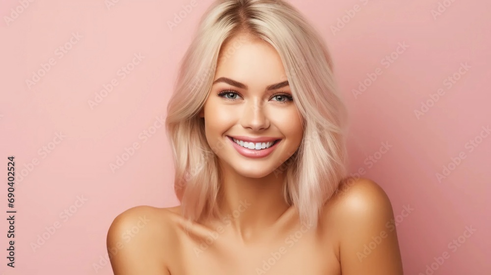 Happy blonde on pink background, young woman with beautiful hair, healthy complexion Happy blonde on pink background, young woman with beautiful hair, healthy complexion