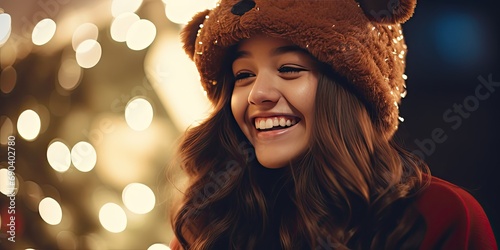 a smiling girl in bear hat in front of a christmas tree, generative AI photo