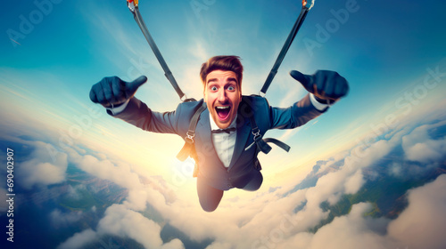 caucasian businessman jumping with parachute in suit excited skydiving photo