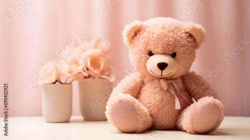 Peach Teddy Bear with Ribbon and Flowers Child Nursery Decor