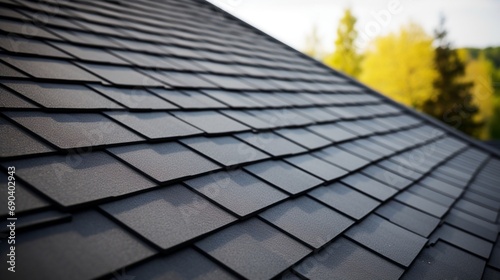 Roof shingles with garret house on top of the house. dark asphalt tiles on the roof background on afternoon time. dark asphalt tiles on the roof background