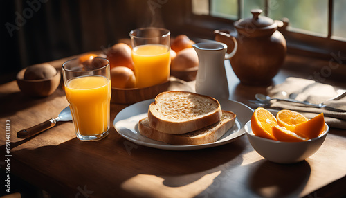 A breakfast scene on a wooden table includes toast  oatmeal  milk  and orange juice with utensils  creating a simple yet wholesome morning meal