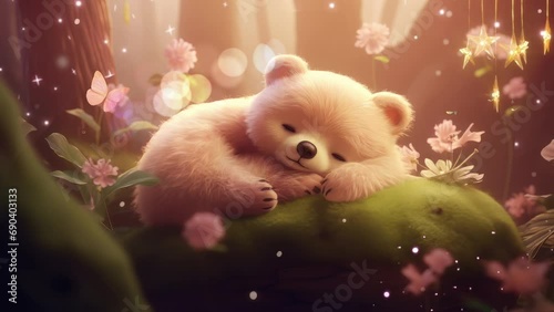 Lovely Lullaby for Baby Polar Bear Sleep on Forest with Flowers in Love, Cozy and Nice Dream at Night. 4k Quality Looping Footage. Generated with Ai photo