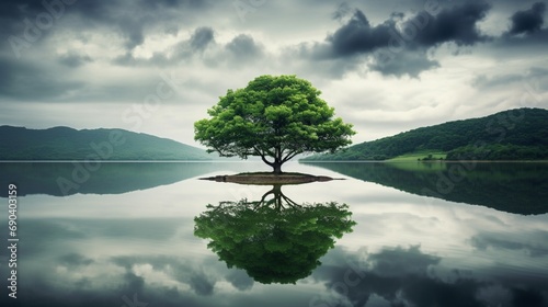 Scenic view of a green tree stands in the middle of a tranquil lake under a cloudy sky