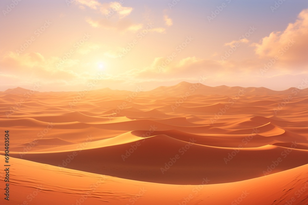 A vast desert landscape at dawn, with rolling sand dunes stretching into the horizon. The first light of day paints the dunes in warm, soft hues. Desert_Dawn_Landscape_HD_Original.