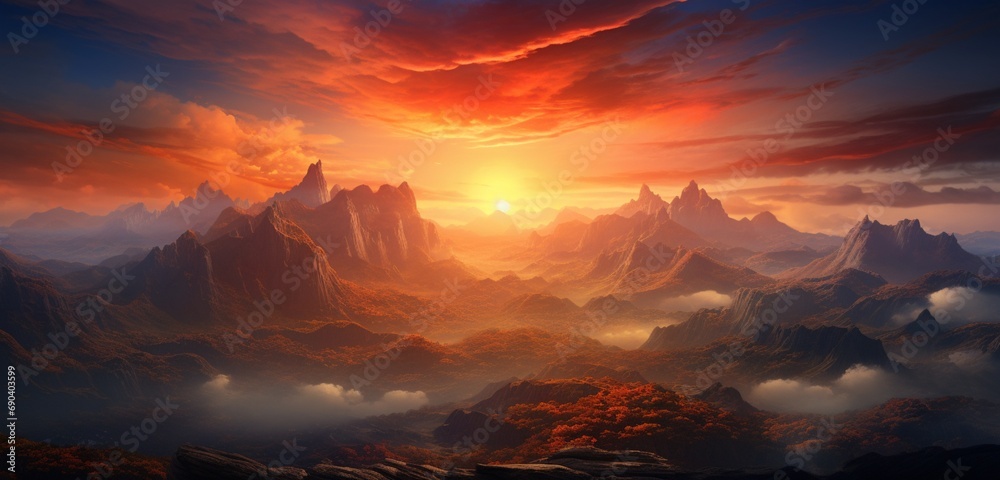 A vibrant sunrise over an alien mountain range, captured in the midst of the Celestial Dance. majesty