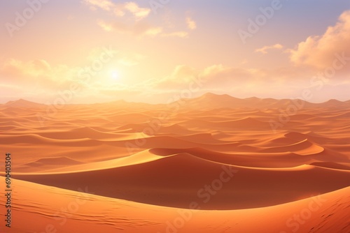 A vast desert landscape at dawn  with rolling sand dunes stretching into the horizon. The first light of day paints the dunes in warm  soft hues. Desert_Dawn_Landscape_HD_Original.