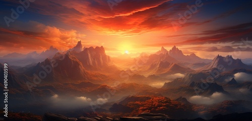 A vibrant sunrise over an alien mountain range, captured in the midst of the Celestial Dance. majesty