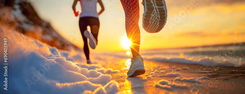 Golden Hour Jog: A Close-Up on Runners' Legs Along the Sunrise Seaside Trail. Copy space, panorama, ai generated photo