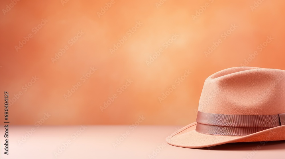 A peach fedora hat with a ribbon on a peach-colored background - obrazy, fototapety, plakaty 