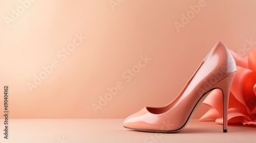 Glossy peach high-heeled shoe with a satin bow in the background