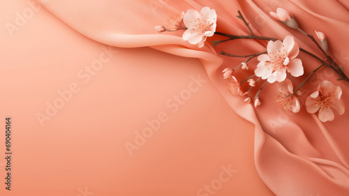 Flowing peach fabric and cherry blossoms on a matching background photo