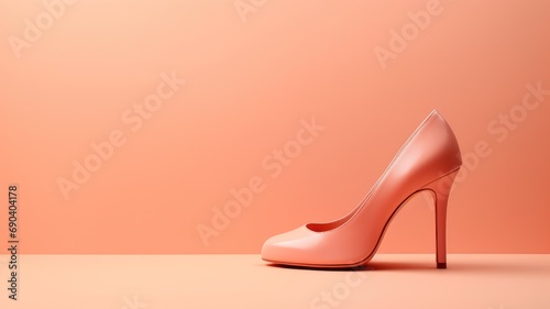 A high-heeled peach shoe on a matching colored background