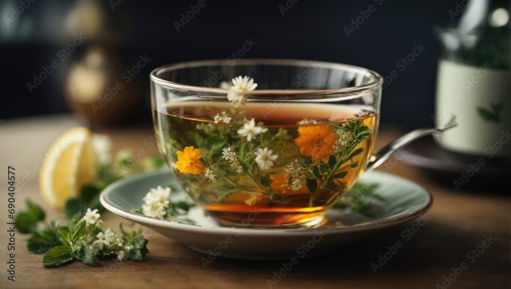 A cup of chamomile tea for a relaxing day - obrazy, fototapety, plakaty 