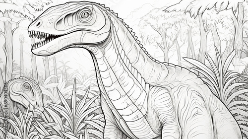 coloring page for kids, Pterosaurs, avian dinosaurs, spinosaurus in a historic like jungle, cartoon style, thick lines, low detail, no shading