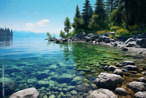 A rocky shoreline with pebbles and driftwood, leading to the clear waters of the lake reflecting the surrounding greenery. Rocky shoreline.