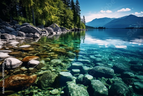 A rocky shoreline with pebbles and driftwood  leading to the clear waters of the lake reflecting the surrounding greenery. Rocky shoreline.
