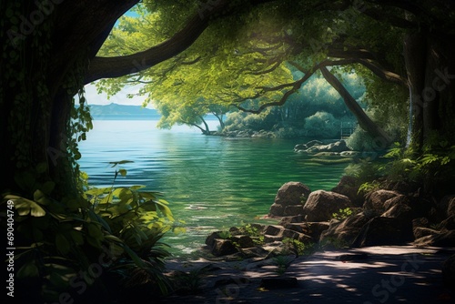A secluded nook by the lakeside trail  where sunlight filters through the emerald canopy  casting enchanting shadows. Tranquil ambiance. EmeraldShadows.