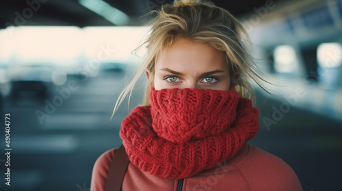 Photo of an enormous turtleneck covering the face over mouth of a beautiful caucasian disgusted young sun tan brown-eyed blonde ponytail woman wearing a fiery red cashmere sweater airport