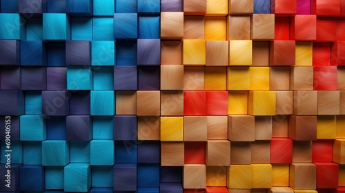 Colorful background of wooden blocks. A Spectrum of multi colored wooden blocks aligned