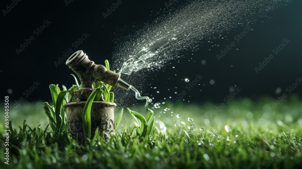Watering the grass with a water pressure nozzle - obrazy, fototapety, plakaty 
