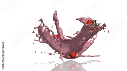 milk or yogurt splash with strawberries turns on itself  loop isolated 3d render